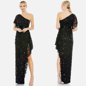 Mac Duggal One Shoulder Gown Black Sequin Embellished High Low Side Slit Size 8